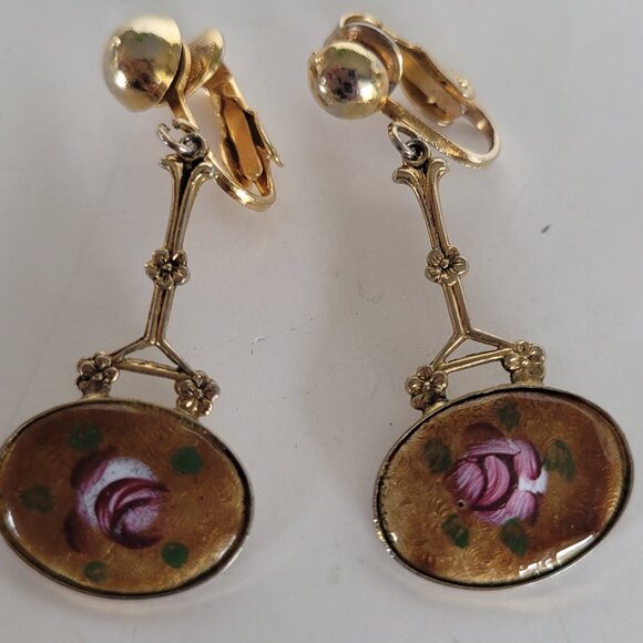 Jewelry - Art Noveau Cloissone Floral Dangle Drop Earrings Gold Tone